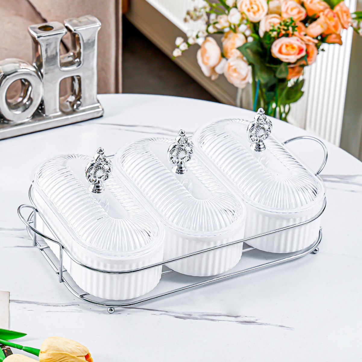 Cadre Fleur Argenté - Blanc - Grande Assiette Ovale - 3 Compartiments