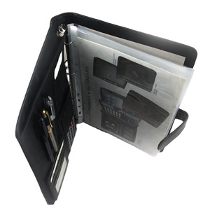 Compendio de cuero A4 Carpeta de cuero desgastado Cuaderno multifunción de cuero PU con calculadora logotipo en relieve personalizado - Product Image 1