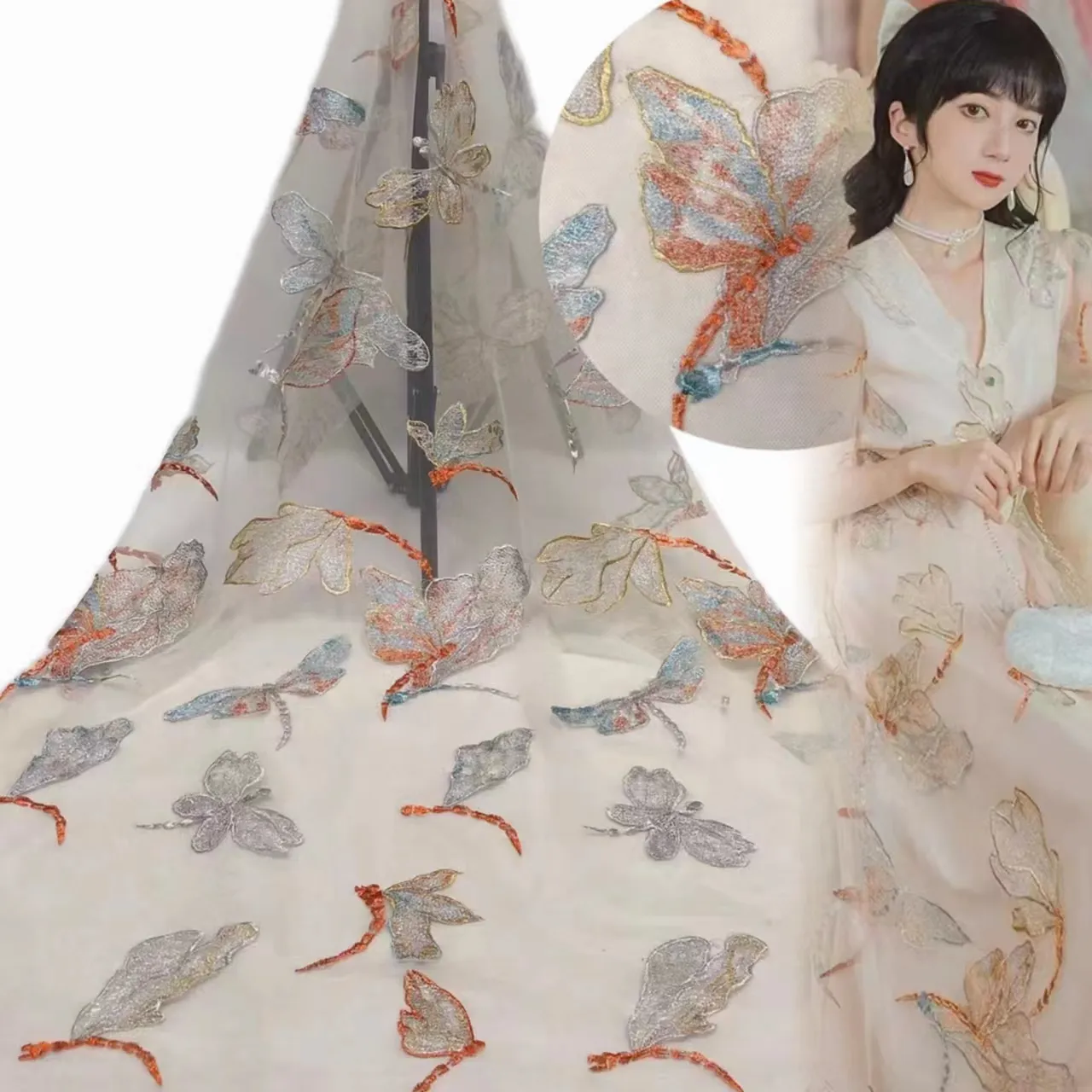 Tela de encaje francés para vestido, tela de tul con libélula elegante de la mejor calidad