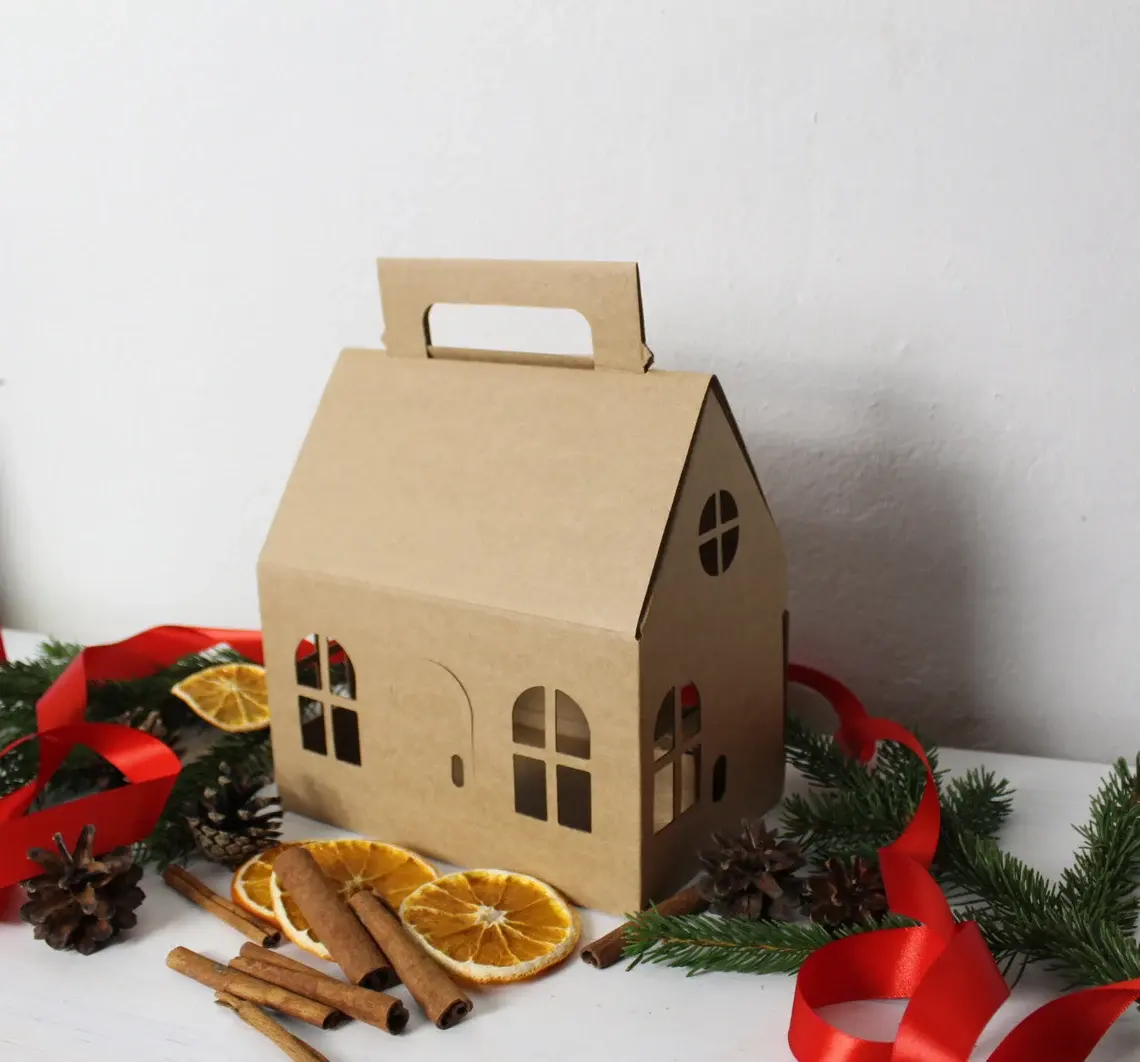 TRIHO TRb-confezione regalo a forma di casa 1133 scatola regalo di compleanno per casa in cartone artigianale marrone