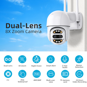 Lente dual PTZ 8X Zoom 4K 8MP WIFI Cámara Audio bidireccional Color Noche Exterior Impermeable CCTV Vigilancia Cámara IP inalámbrica