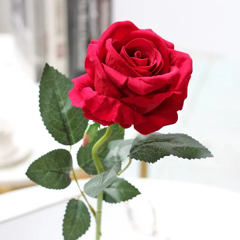 Decoración de la boda Artificial Rojo Un solo tallo Terciopelo Rosas Flor Seda Rosa Flores artificiales