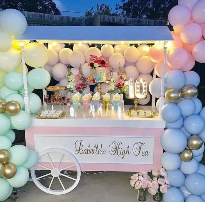 Carrito de comida colorido para boda, carrito de metal artístico para comida, champán, dulces, para evento, decoración de boda