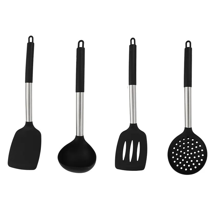 Juego de utensilios de cocina de silicona, accesorios de cocina de acero inoxidable, negro, 4 piezas