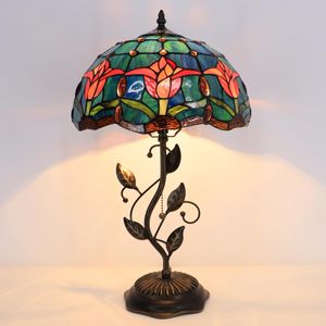 现代蒂芙尼发光二极管台灯W12H19英寸彩色玻璃金属树叶郁金香风格圆顶灯罩简约设计电动E26阅读
