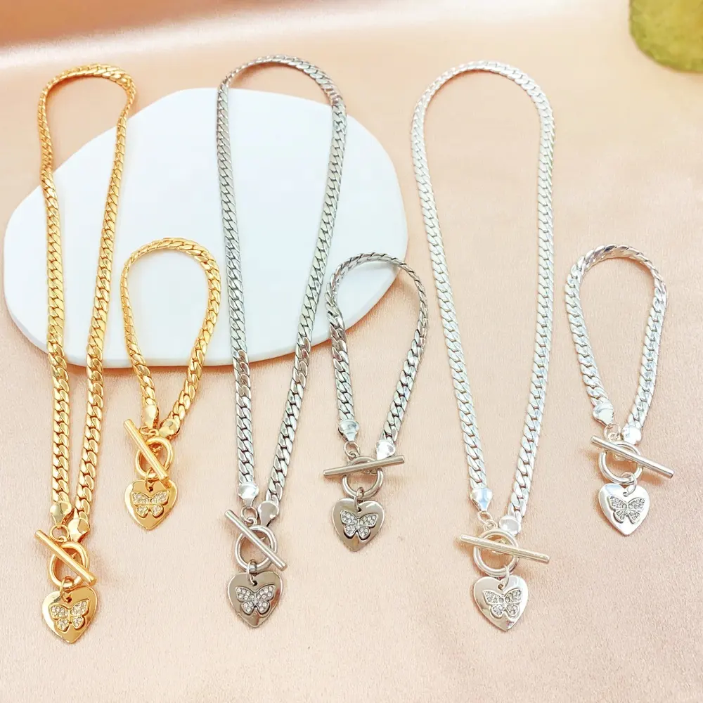 Fashion jewelry customized alloy link chain crystal butterfly heart pendant t-bar set jewelry Necklace bracelet for women