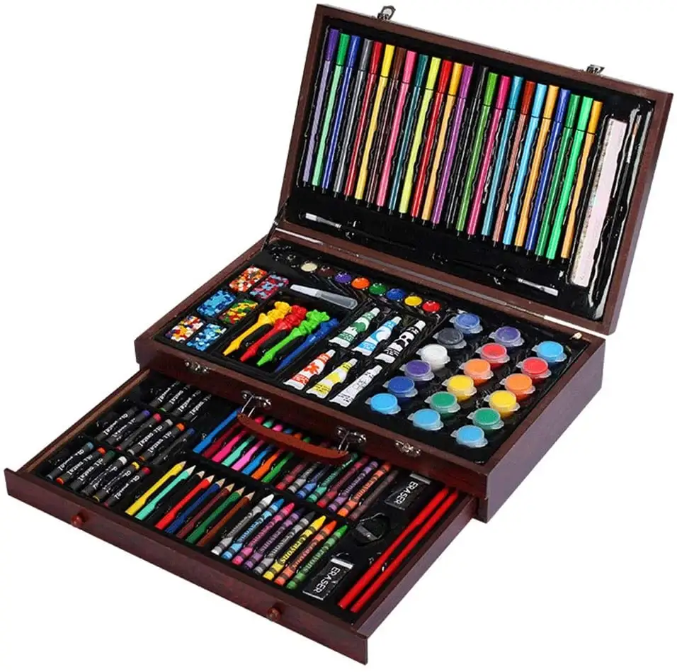 130 piezas caja de madera dibujo arte conjunto para niños arte dibujo pintura para colorear