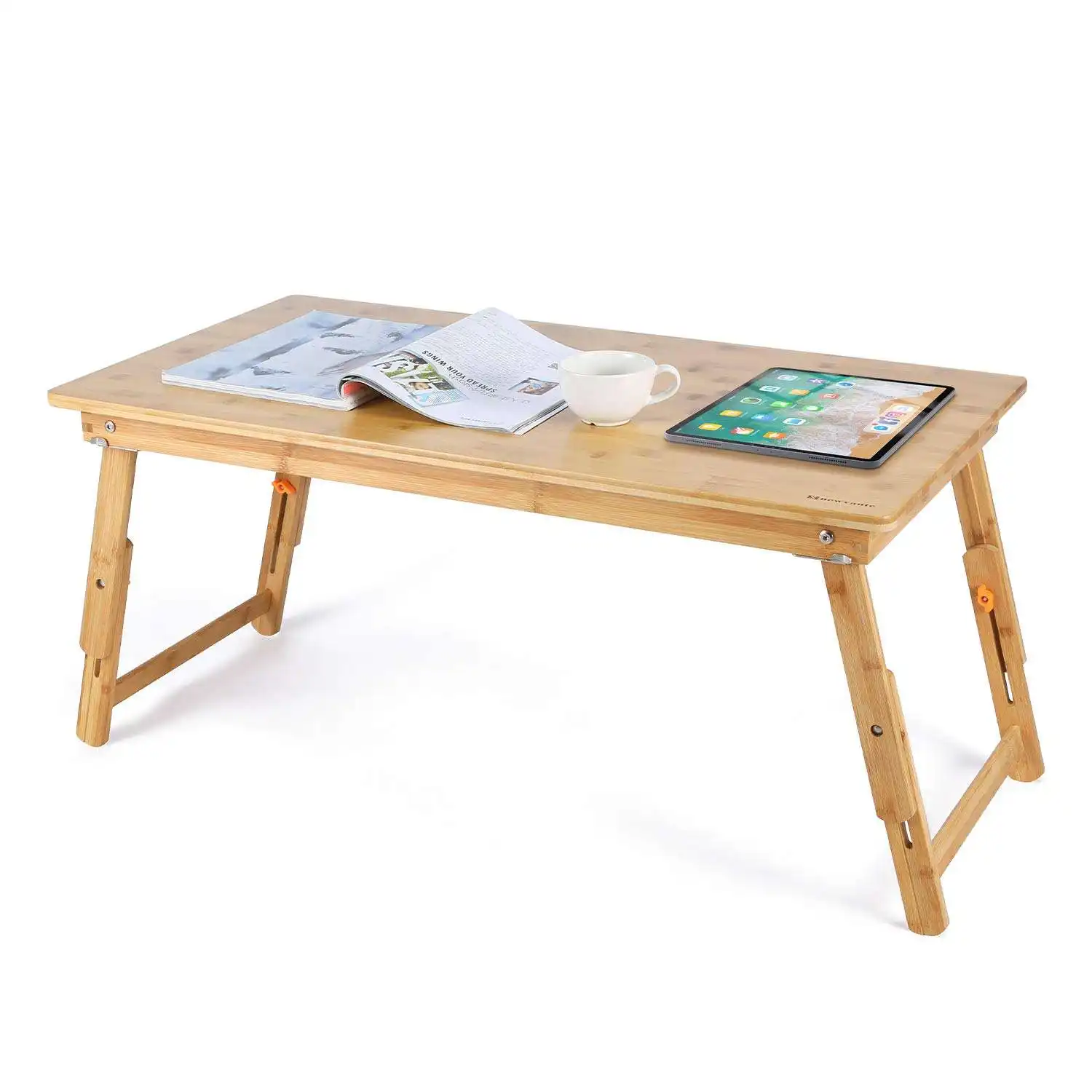 Meja bambu, nampan kopi rendah ukuran besar untuk Sarapan, melayani sarapan, dengan kaki lipat dapat disesuaikan