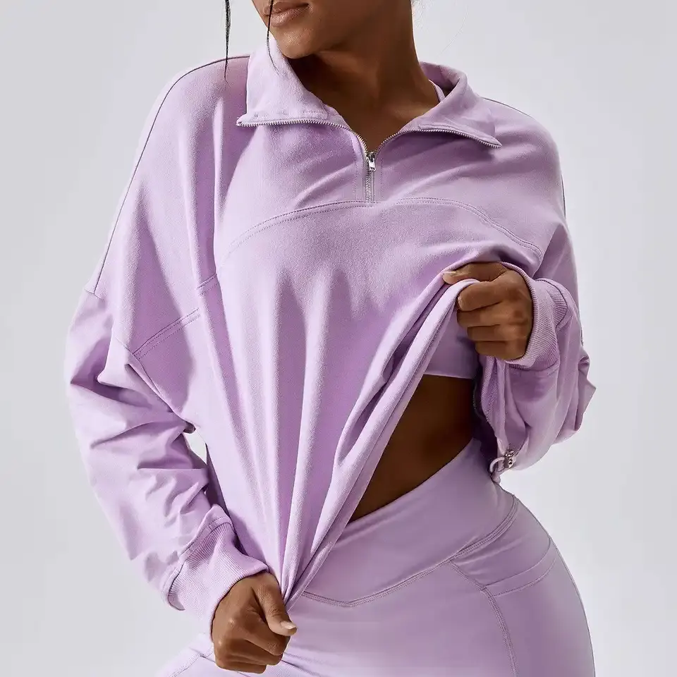 2023 custom logo half zipper drop shoulder sweatshirt for women Wholesale cotton Long Sleeves Sweater women