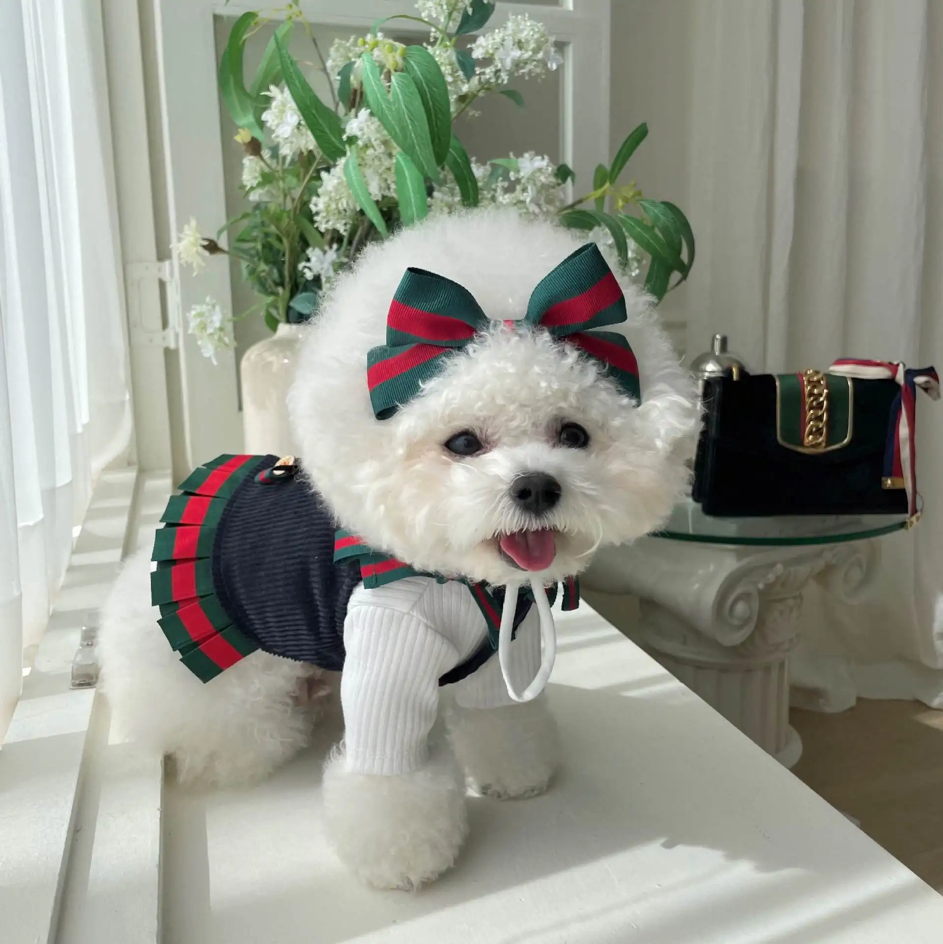 Fashionable Luxury brand Newest Elegant Design Dog Dress Clothes Knitted Dog Sweater Pet Slip Dress With bow tie Head Band