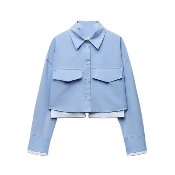 MYST & ZA Damen Winter New Casual Loose Pocket Dekoration Langarm Revers Kurzes Oxford Shirt Top