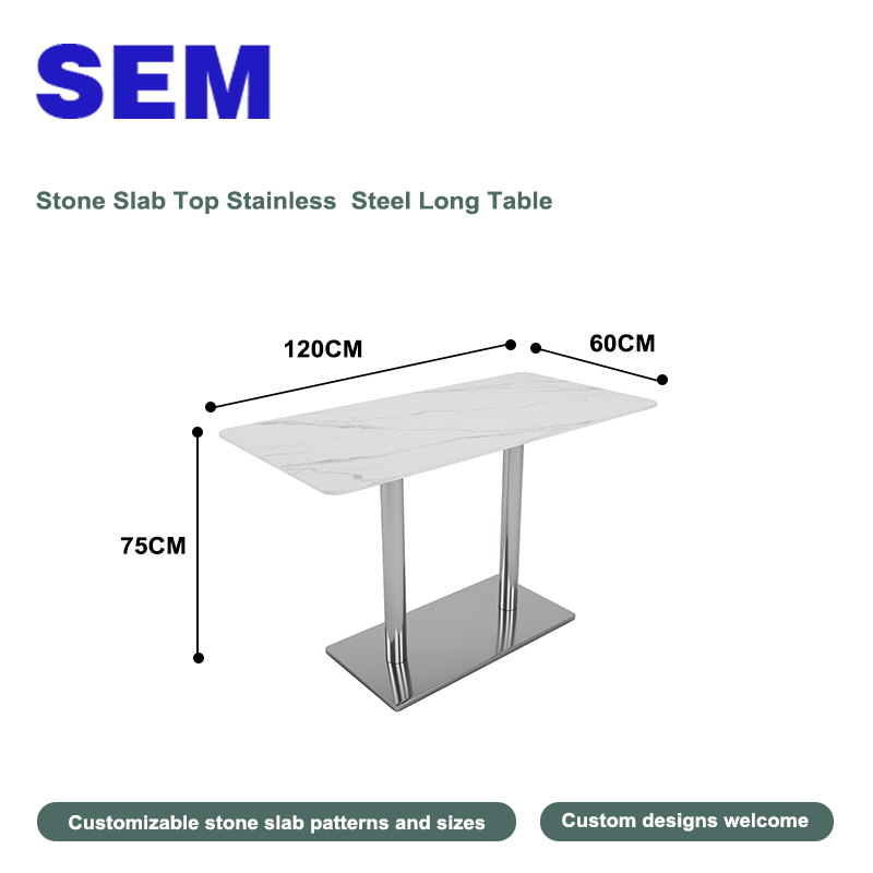 Table longue en acier inoxydable avec plateau en dalle de pierre