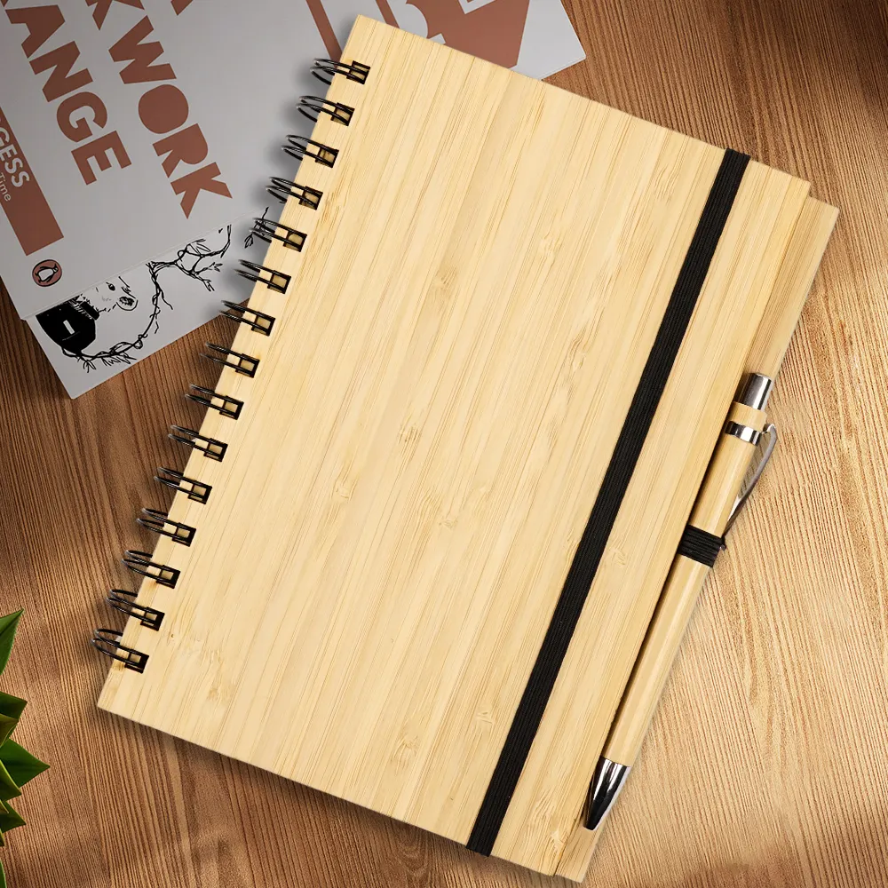 Wood grain Notepad Hot sell Customized recycled bamboo cover notebook with bandage pen holder wood notebook and pen gift sets