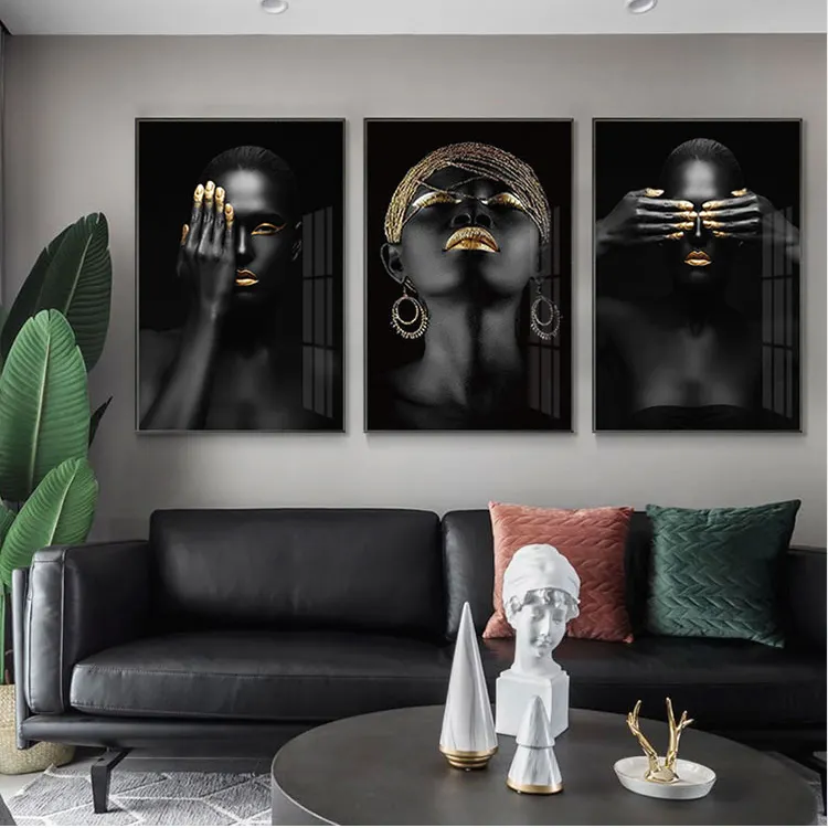 Pintura africana de arte para mujer, carteles e impresiones en lienzo, imagen artística de pared escandinava personalizada para sala de estar, negro y dorado