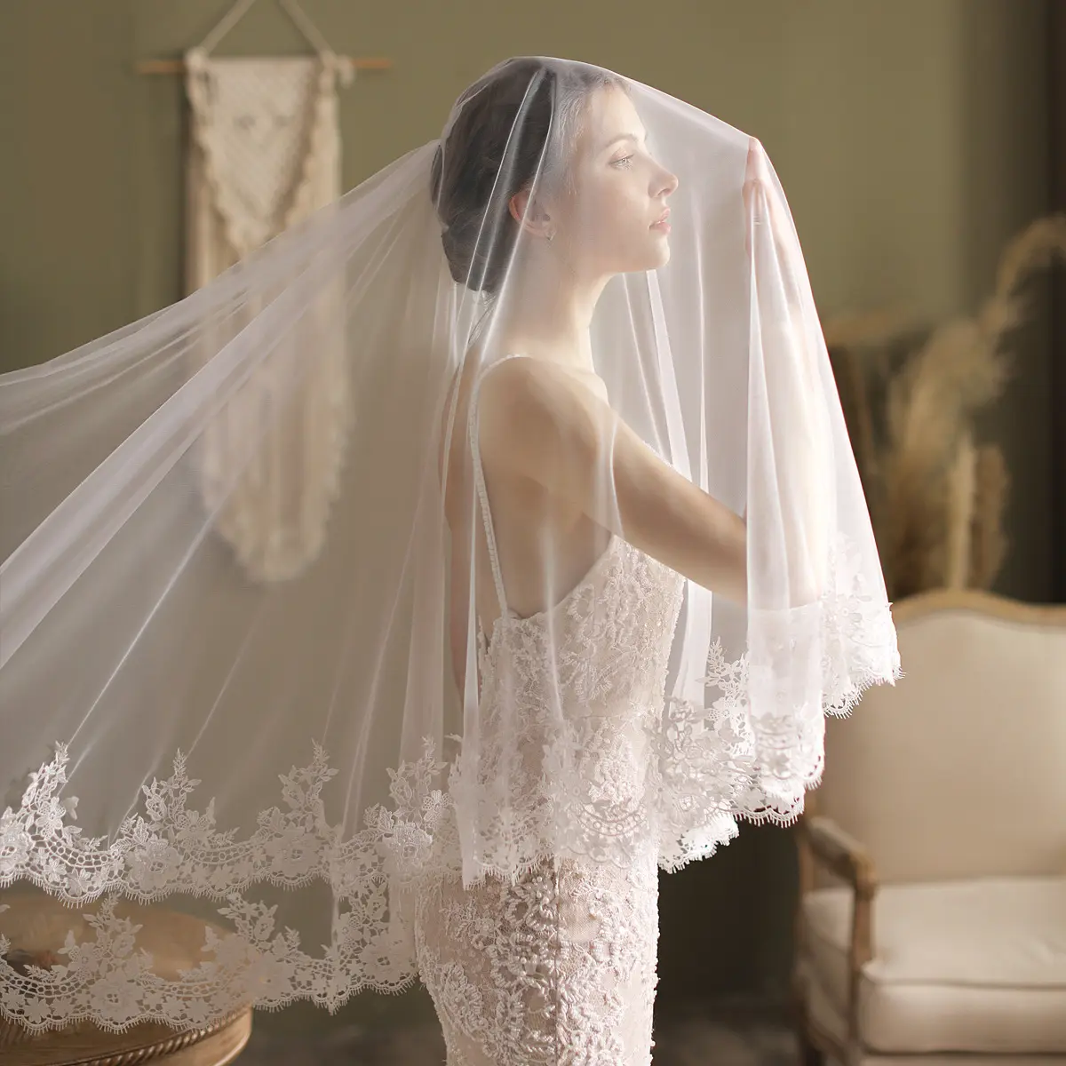 ShangHai yeni düğün duvağı zarif suda çözünür dantel çift katmanlı tarak saç fotoğraf stüdyosu gelin