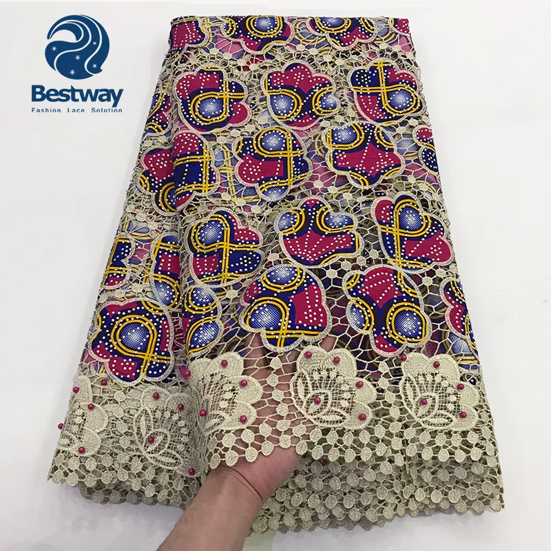 Bestway afrika danteli çok renkli kordon dantel elbise gipür dantel kumaş ile taşlar ve boncuk CP0153