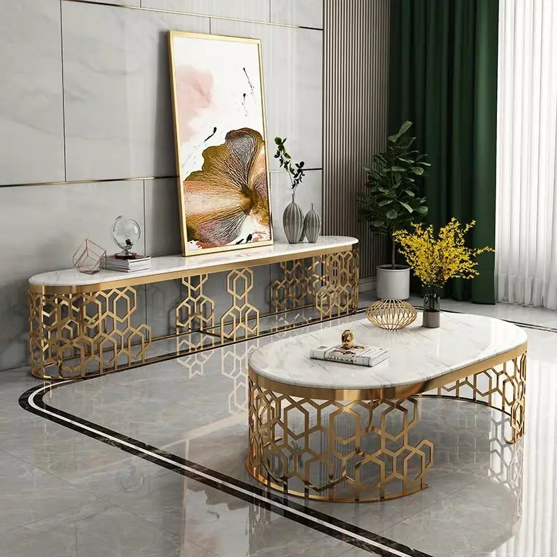 Mesa de centro superior de mármol con marco de acero inoxidable dorado de lujo, soporte de tv, conjunto de muebles para sala de estar