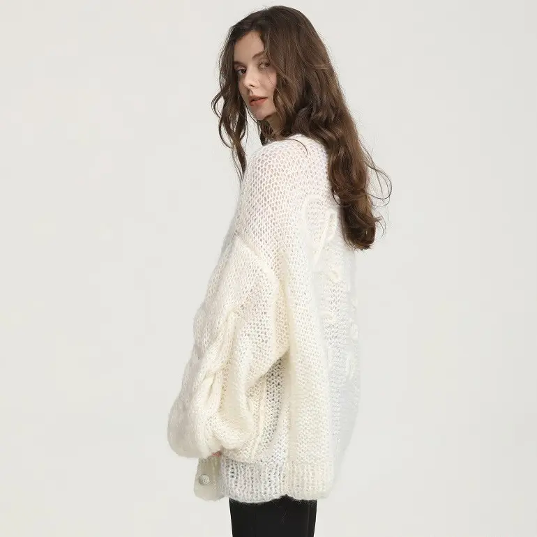 Häkeln Sie Mohair Damen weißen Cardigan Mantel