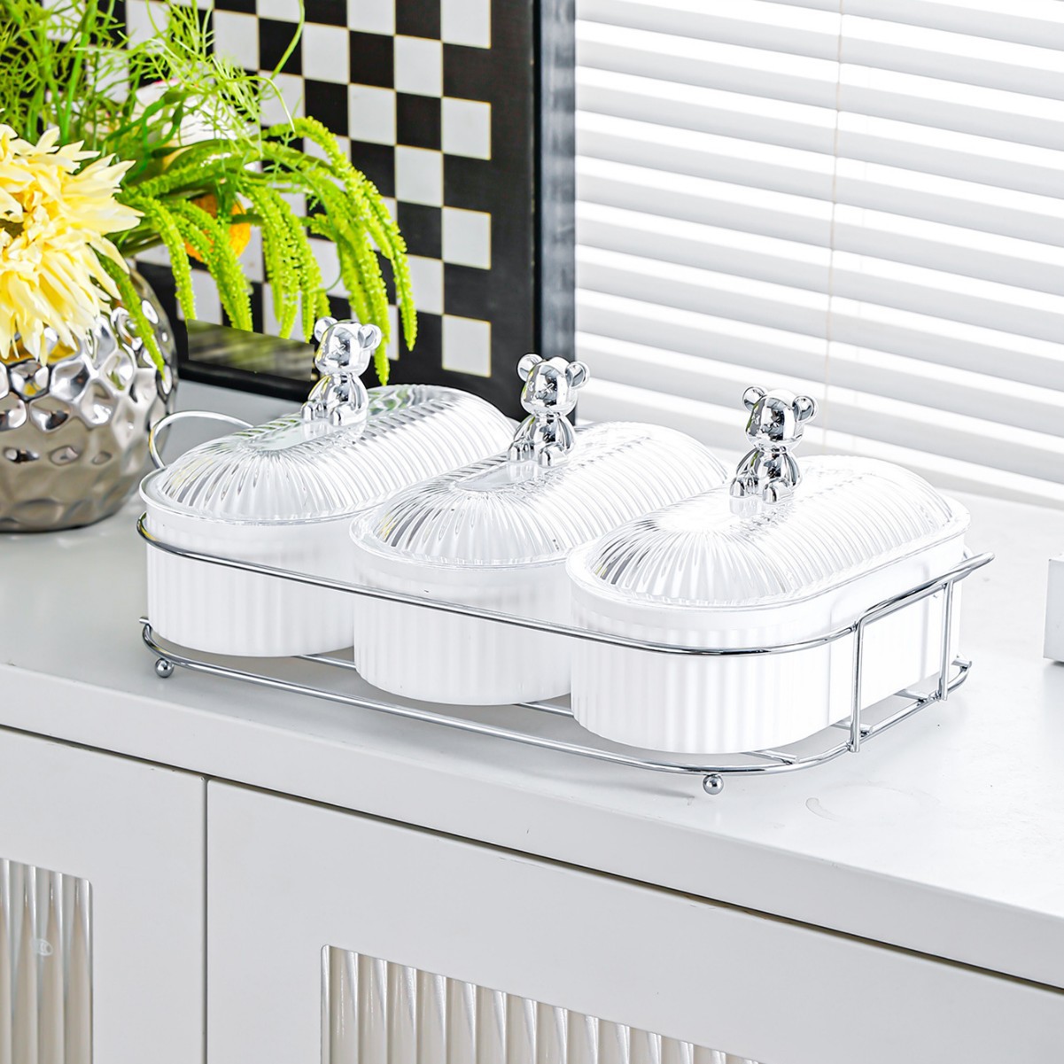 Bear Silver Stand - White Large Oval Plate - 3 Compartments
