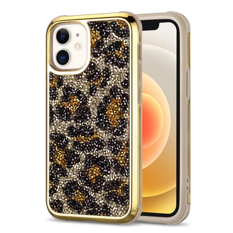 Funda de teléfono para iPhone 14 13 12 11 Pro Max, carcasa de lujo con estampado de leopardo, Diamante galvanizado