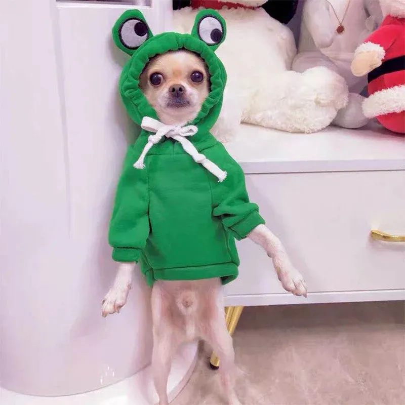 Halloween Sapo fantasia jaqueta casaco quente poliéster inverno verde roupas para cães com capuz fantasia engraçada com capuz para cães