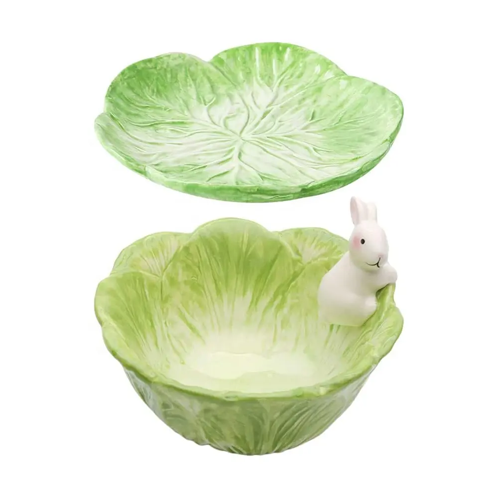 Custom Atacado Criativo Cartoon Vegetal Coelho Doces Verdes Cerâmica Dinnerware Placa Bowl Conjuntos para Decoração de Cozinha