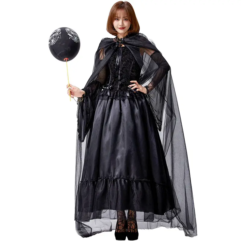 Las mujeres de Halloween bruja negro vampiro cena vestido del traje de Cosplay de malla con capa carnaval vestido