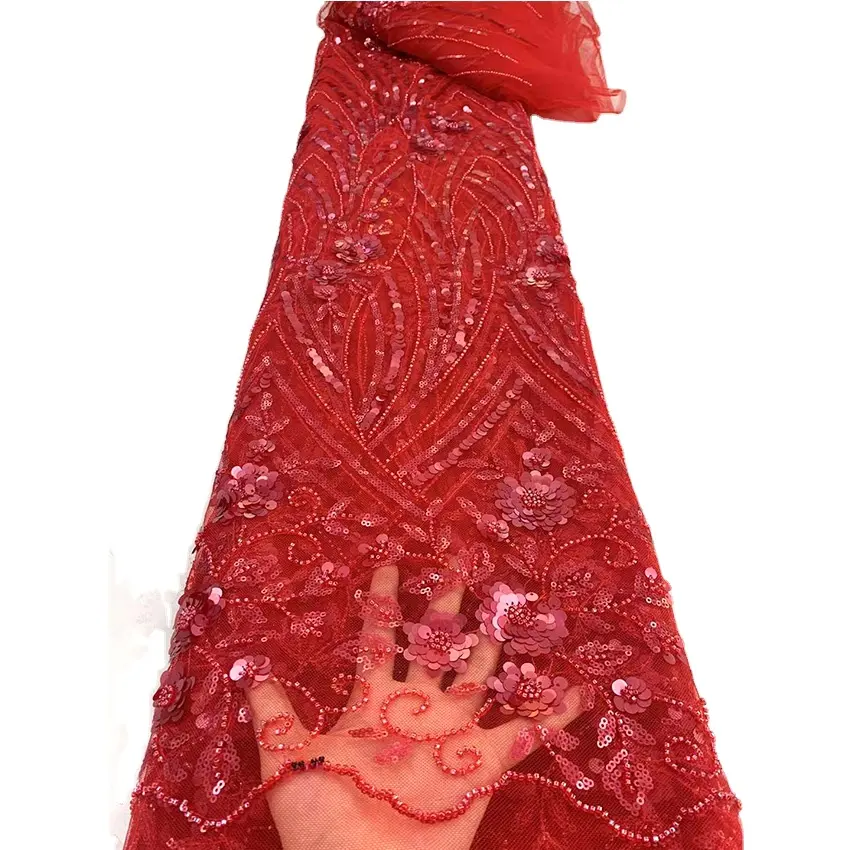 Applique francese squisita garza ricamata rosso tessuto floreale di Tulle perline per cucire