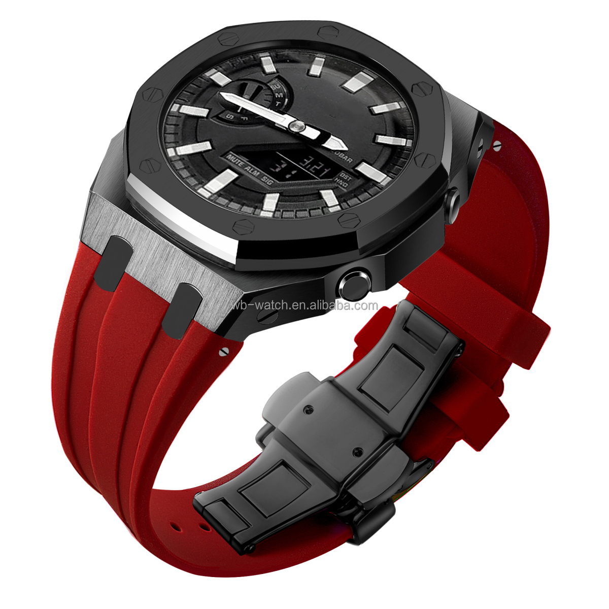 Boîtier noir, bracelet rouge