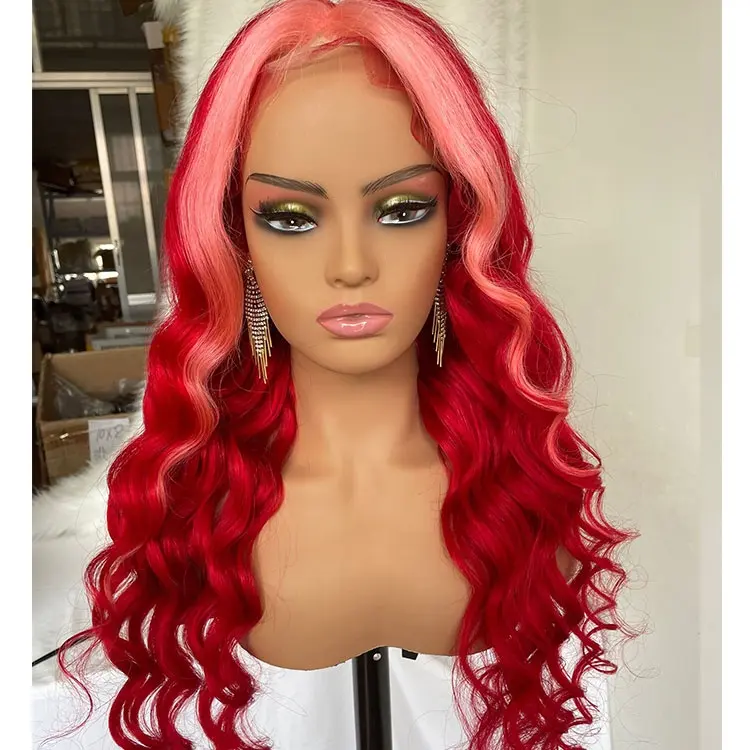 Ombre peruca iluminada rosa, peruca de cabelo humano liso com tela frontal com cabelo bebê