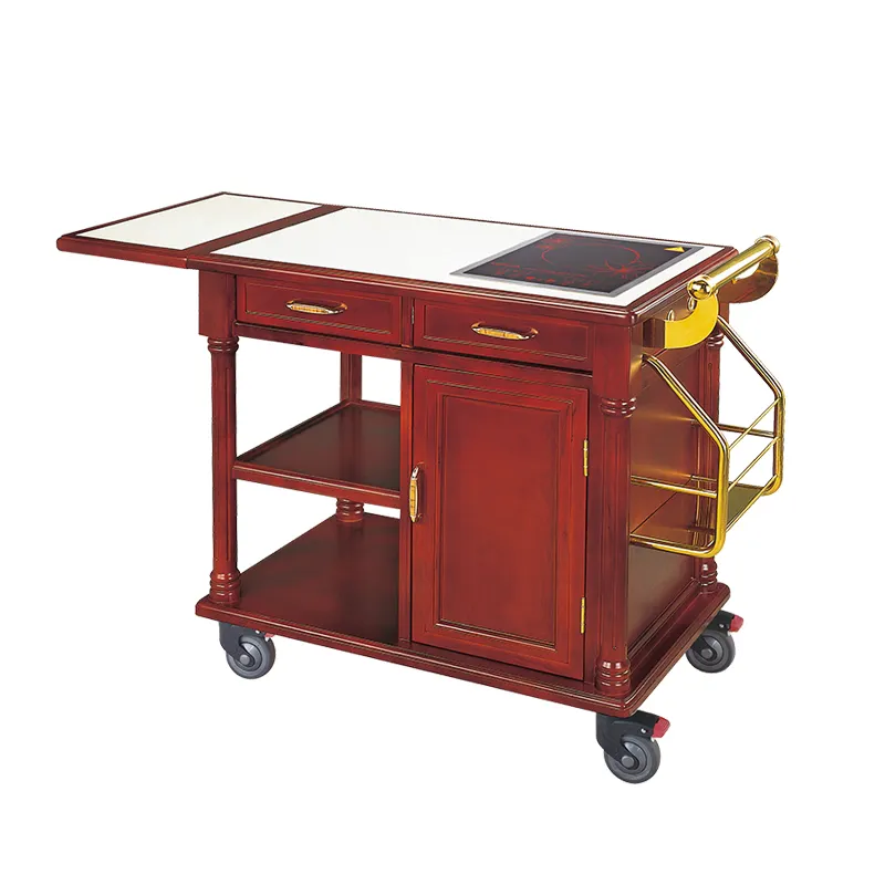 Restaurant Catering Hotel Food Service Trolley Series Wooden Cooking Cart Heating Flambe Trolley with 3 Drawers Induction Cooker