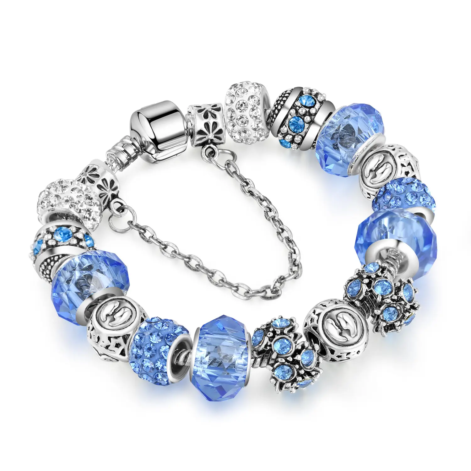 Nuovo arrivo grande foro perline oroscopo braccialetto di fascino europeo perline di cristallo blu braccialetto di fascino dello zodiaco per il regalo