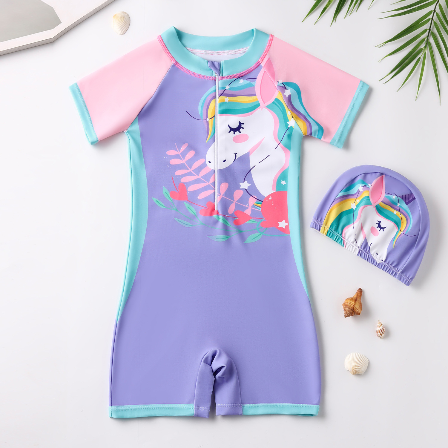 Maillot de bain une pièce violet arc-en-ciel motif cheval (avec bonnet de bain)