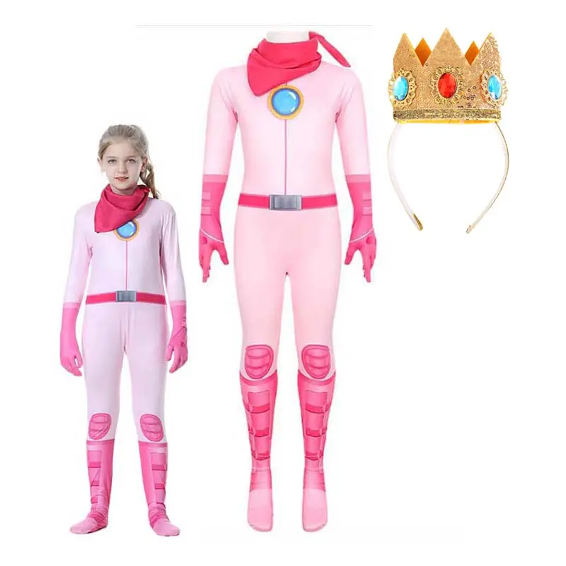 Jumpsuit seragam karakter permainan samaran pesta karnaval anak perempuan dewasa CMGC-005 kostum Peach putri