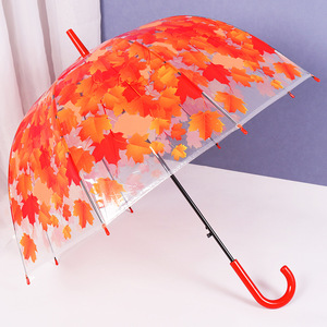 秋季风格枫叶图案半自动8k肋骨透明透明塑料手柄成人雨伞 - Product Image 1