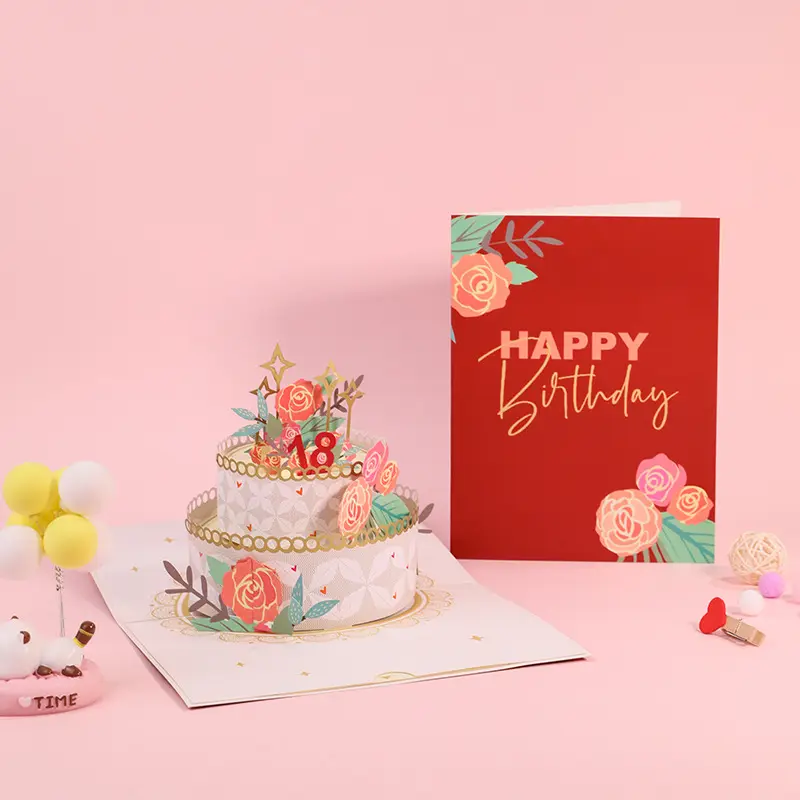 Vendita calda personalizzata fatta a mano 3D rosa torta buon compleanno carte colorate lamina d'oro Pop-Up biglietti di auguri stampa