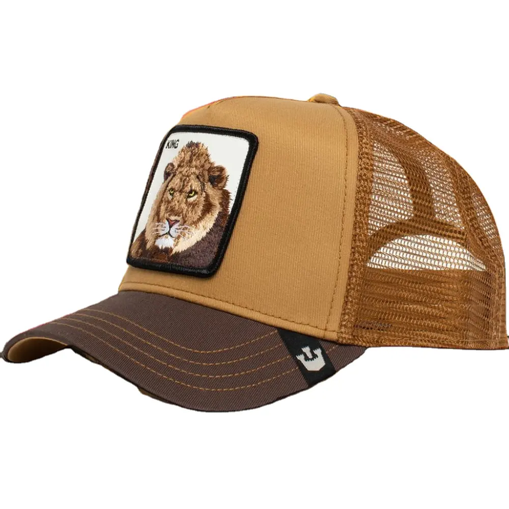 Topi bisbol bordir polos hewan desain modis massal Logo kustom topi olahraga jaring trucker 5 panel