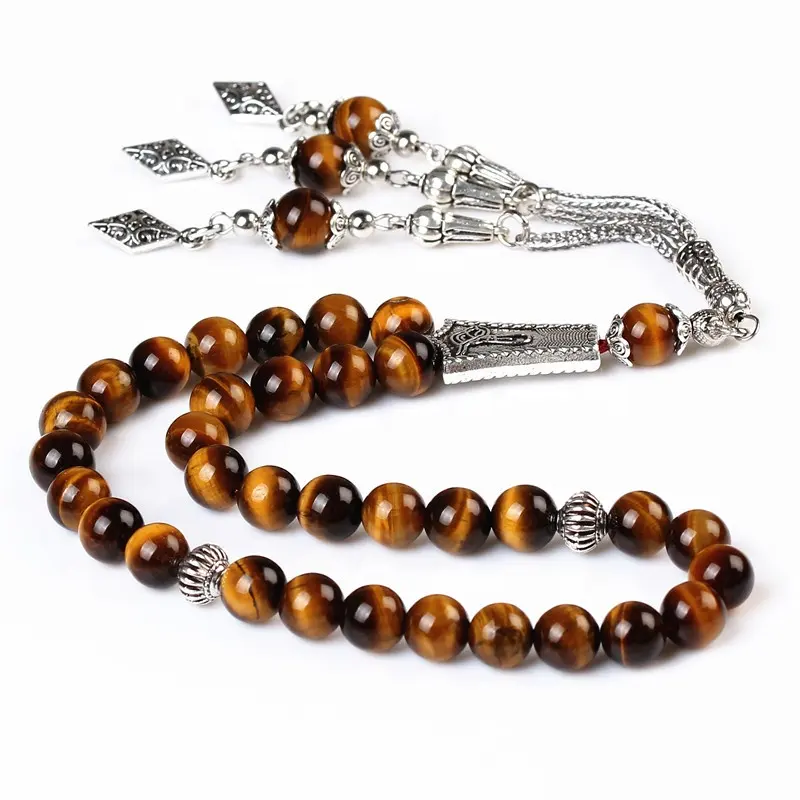 Offre Spéciale 8mm 33 perles tesbih Oeil De Tigre naturel Pierre Musulman Misbaha Argent Gland Tasbih Chapelet Subha Perles De Prière Islamique