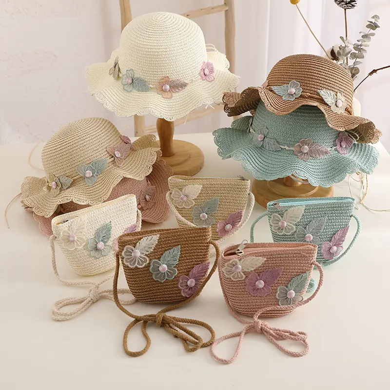 Moda calda vendita pieghevole cappello di paglia per bambini estate spiaggia bambino cappello di paglia e borsa set