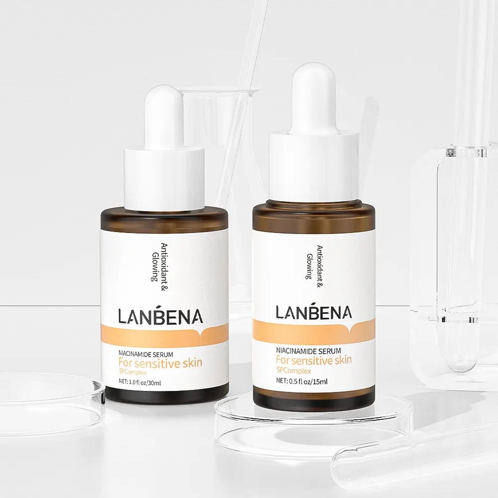 LANBENA cosméticos niacinamida acetil hexapeptide 8 glazen soro fles vitamina e embalagem verde ácido hidrônico cc soro