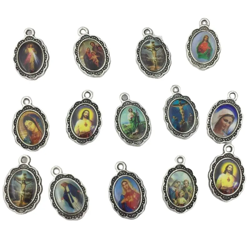 Ovale Mix Saint Charms St Virgin Mary Charms religione ciondolo medaglia in metallo per la creazione di bracciali rosario