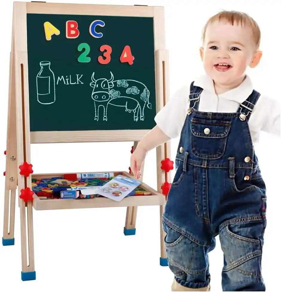 Pizarra de escritura de madera magnética de doble cara borrable, tablero de dibujo para niños para enseñanza en el hogar, soporte pequeño para pizarra