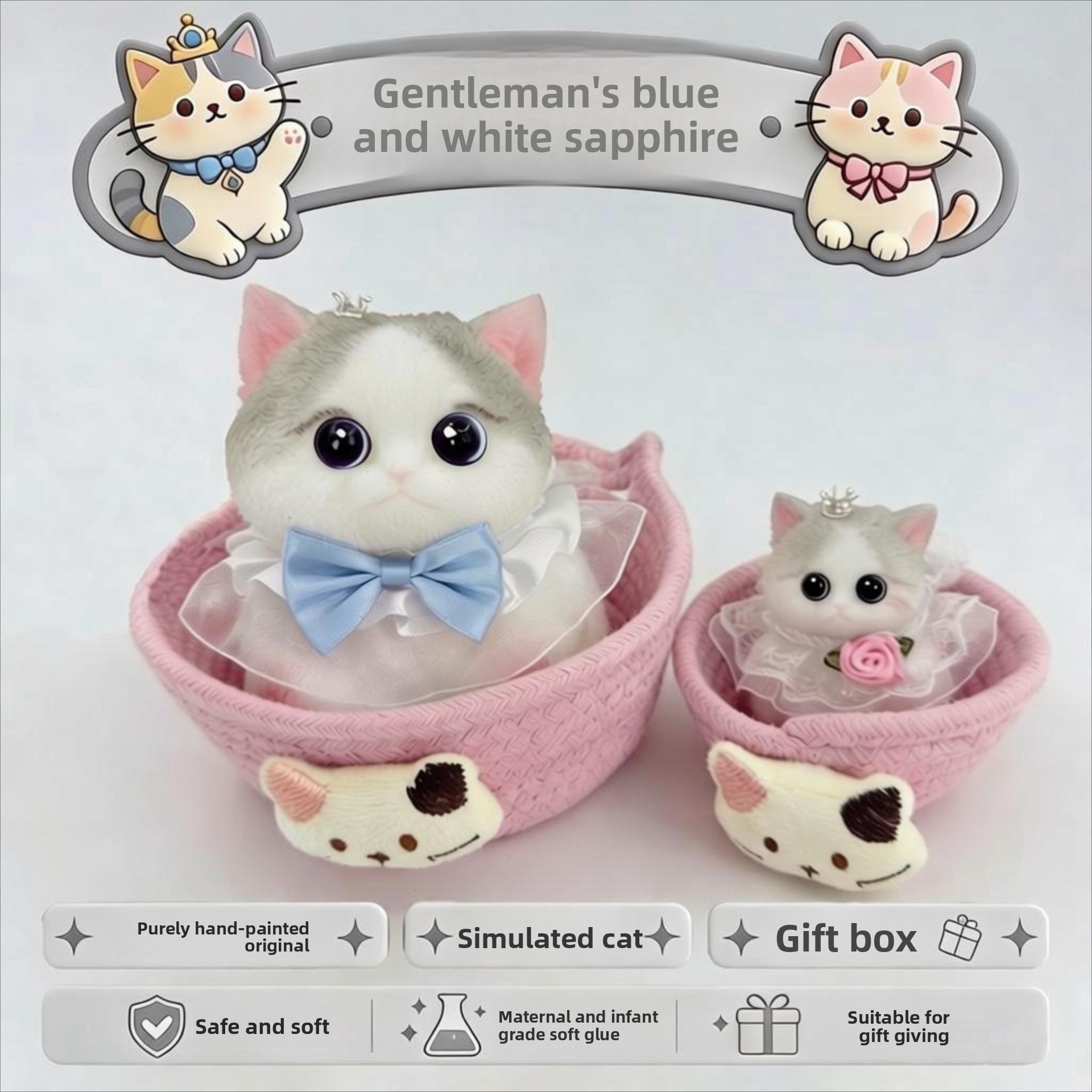 Letto per gatti con accessori Gentleman blu e bianco a forma di gattino tesoro