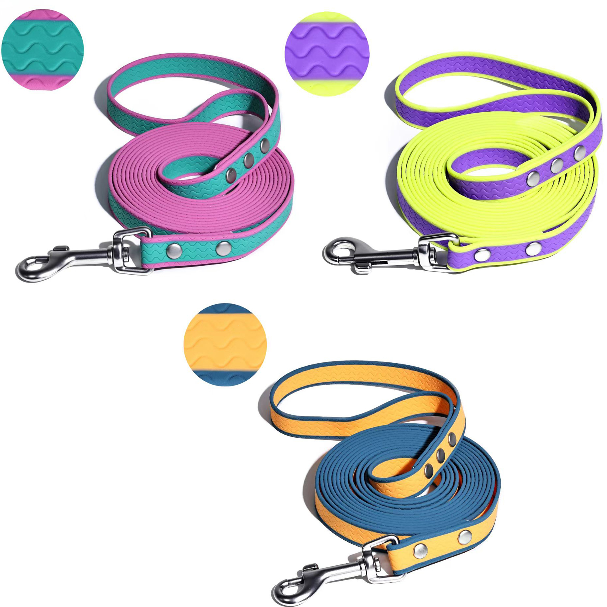 Turquoise et rose + violet et citron vert + orange et bleu marine.