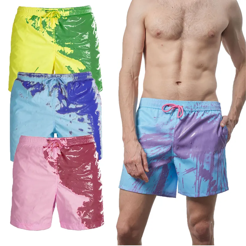 Bañador de verano para hombre, pantalones cortos, pantalones cortos de baño, bañadores reactivos al agua personalizados, pantalones cortos de playa que cambian de temperatura de Color para hombre