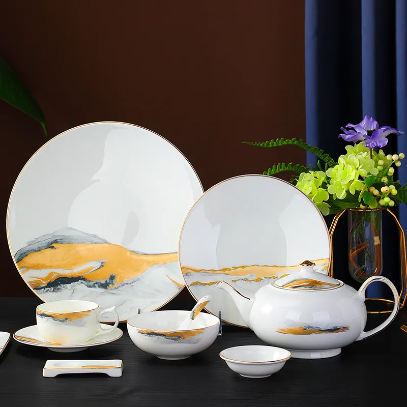 Groothandel Chinese Stijl Porselein Nieuwe Design Fijne Bone China Servies Voor Met Abstract Landschap Decal