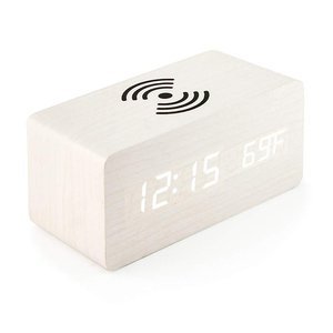 Reloj de escritorio Led diseño de madera carga inalámbrica pantalla Digital de temperatura y humedad para decoración del hogar sala de estar reloj de mesa inteligente - Product Image 3