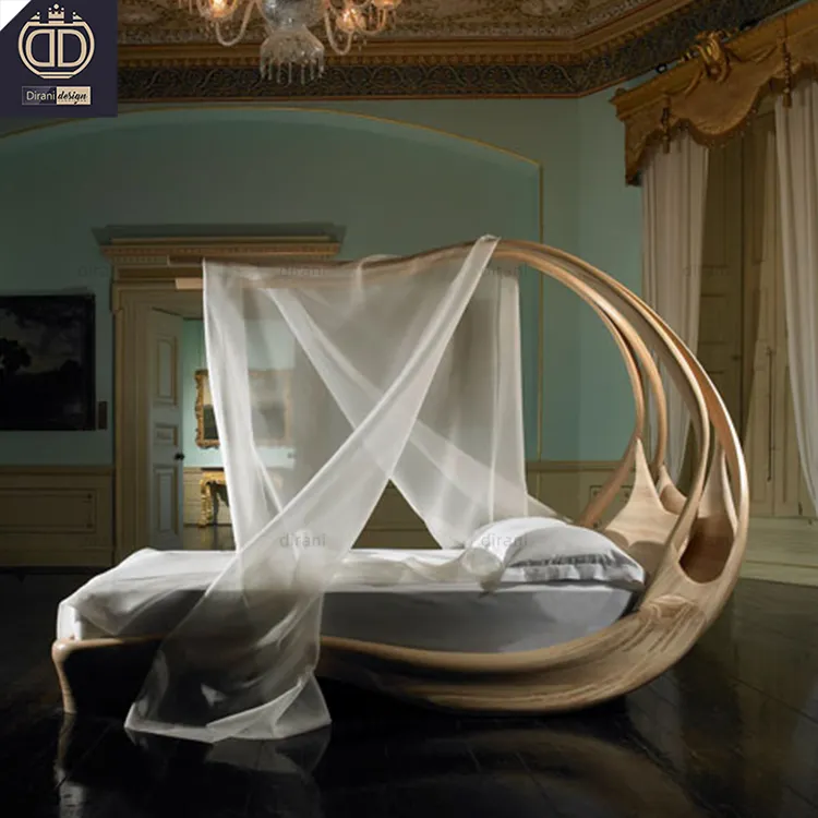 Meubles de chambre à coucher de style design créatif unique fait à la main lit en bois massif sculpté à baldaquin