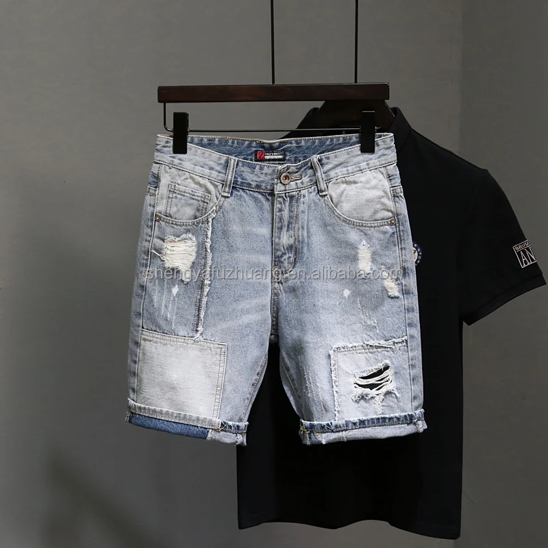 Summer men's jeans hole casual shorts washed high-quality shorts