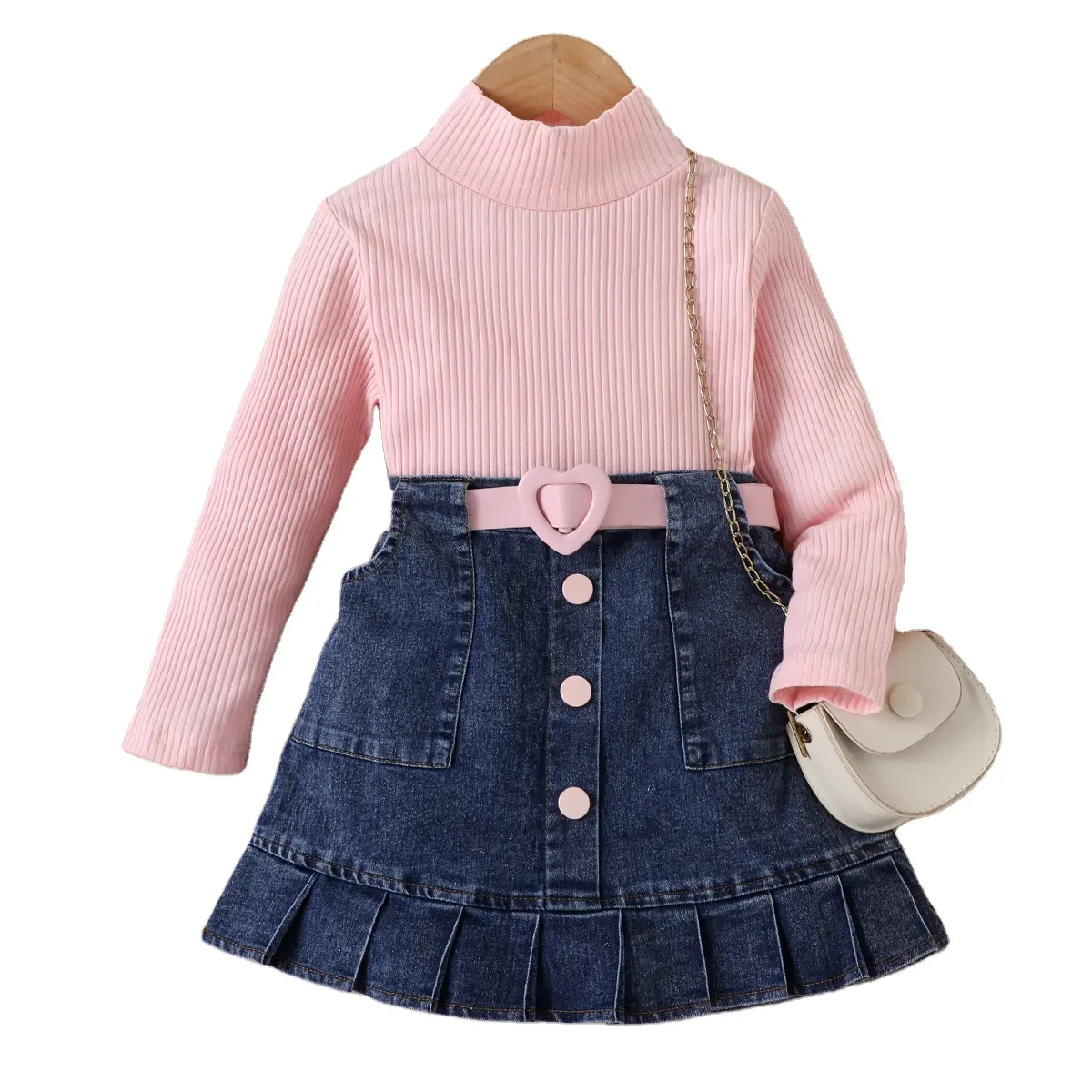 Fabriek Babykleding Meisjes 10 Kleuren Meisjes Kleding Set Katoen Gestreept T-Shirt Denim Rok Hartvormige Riem Kinderen Kleding